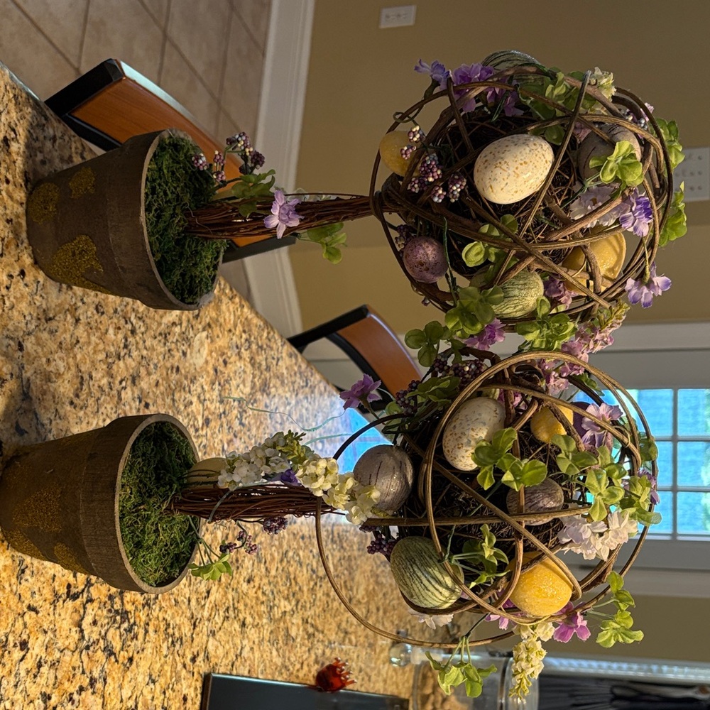 Springtime Faux Floral Egg Topiary with Purple and Yellow Accents